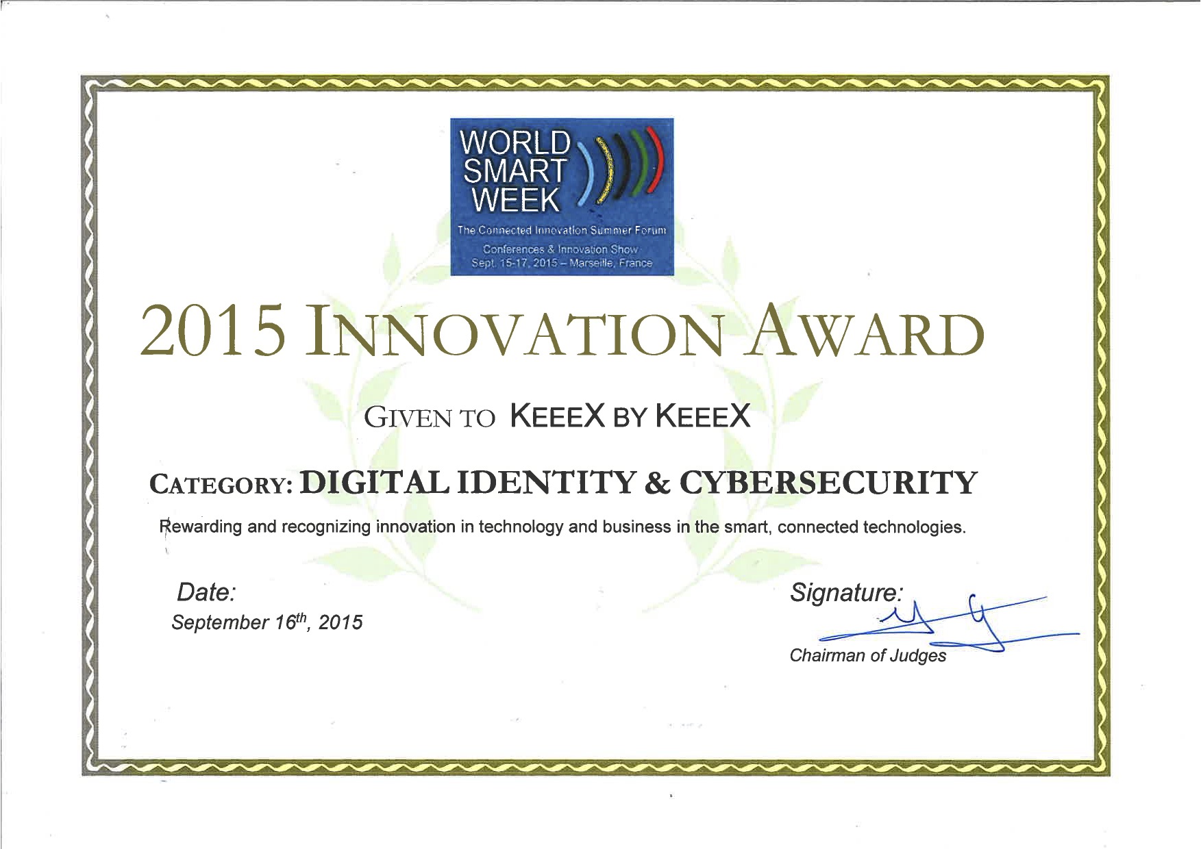 KeeeX Wins World Smart Week Innovation Award 2015 - KeeeX - Universal ...